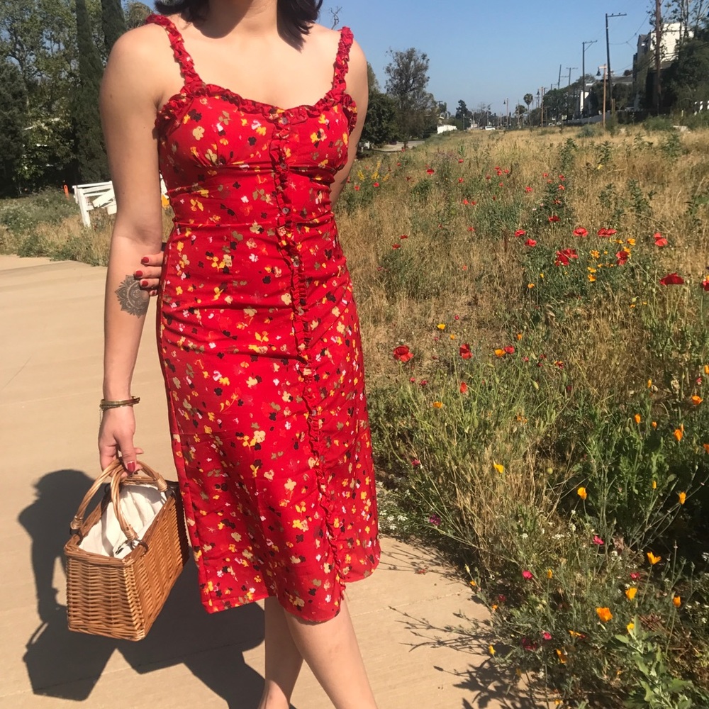 Poppy red button up midi dress size M